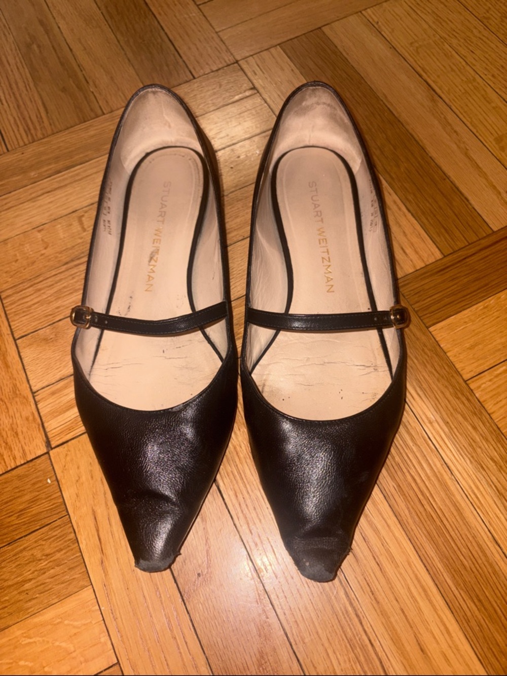 Stuart Weitzman Black Pointed Leather Mary Jane Flats